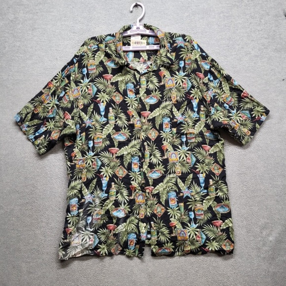 VINTAGE Campia Moda Men Button Up Shirt 2XL Green Beer Allover Print Hawaiian